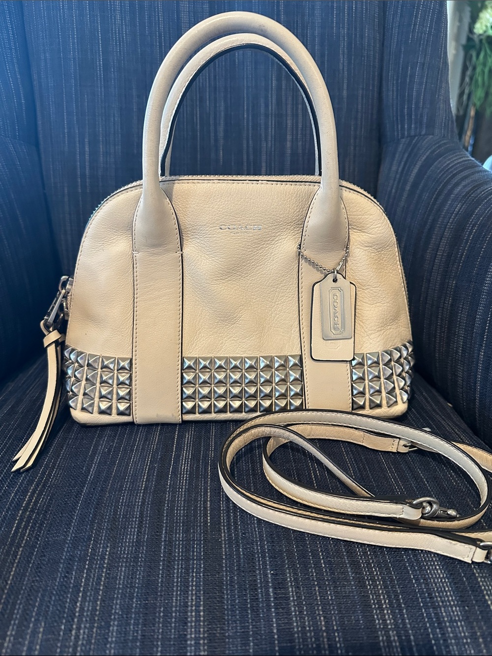 Coach ivory Leather Studded Dome Satchel with Removable Strap